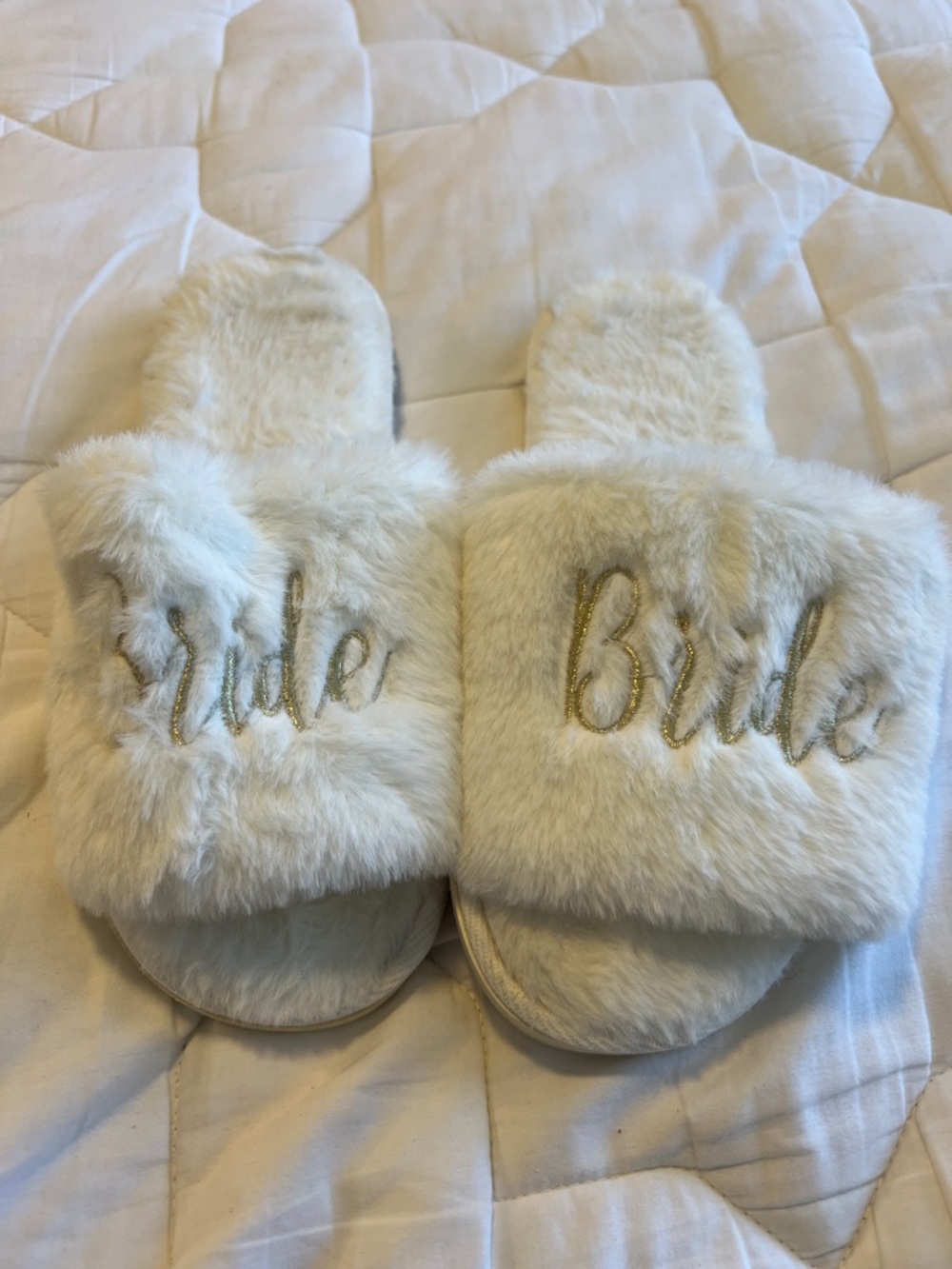 Shiraleah Ivory 'Bride' Fuzzy Slide Slippers with Gold Script